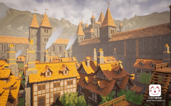 模块化中世纪城堡城镇建筑环境奇幻游戏场景