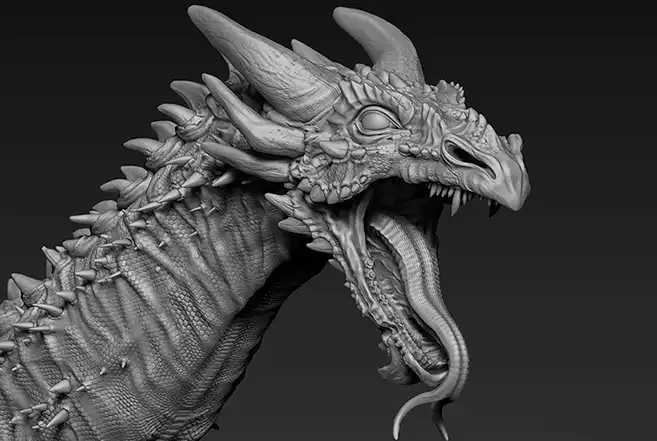 基于Zbrush的数字雕刻技术制作的龙模型，龙的头颈向上伸展，张开大口露出利齿，伸出长舌，双目圆睁，头顶生有两支弯曲尖角，颈部覆盖着鳞片，脊背突起尖刺。