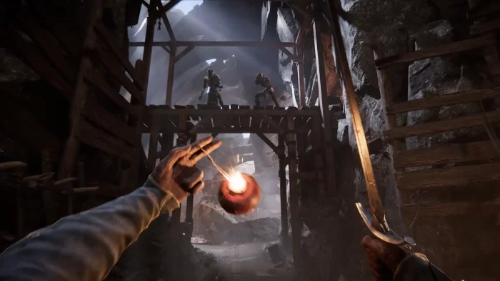 游戏Advantage画面截图。第一人称视角，一只手拿着火把照亮了前方的洞穴，另一只手握着剑，准备向前方木桥上的两个敌人发起攻击。