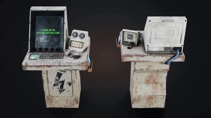 两个渲染角度的电脑终端机模型，一台正面朝前，另一台侧面朝前，都是老旧的样式，屏幕显示“请输入授权码”，带键盘和鼠标，机体上有闪电标志。