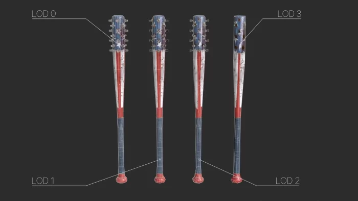 4级LOD的棒球棒3D模型，颜色红白蓝，对应美国国旗配色，左侧一根全模展示，右侧三根低多边形替换模型。