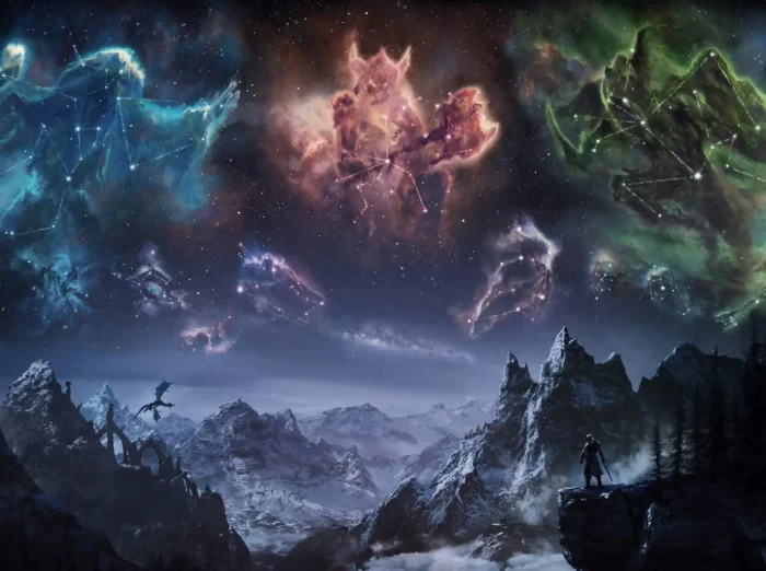 《上古卷轴5：天际》的艺术设定图，游戏采用了大量的LOD技术。画面上半部分是星空，有三个大型星座，分别是龙、狮子和一只鸟，下半部分是一片雪域高原，一个人站在悬崖上望着天空。