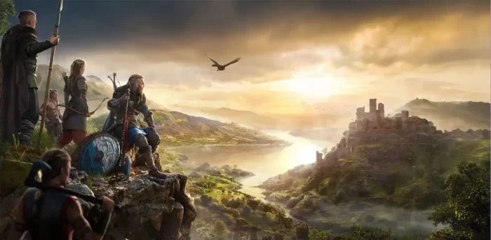 《刺客信条：英灵殿》游戏画面，主角坐在山崖上眺望远方，远处是一座城堡。游戏采用了大量的LOD技术。
