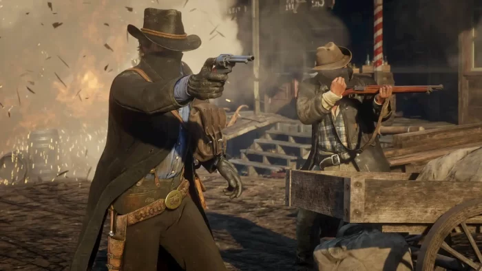 《荒野大镖客2》游戏画面，游戏采用了大量的LOD技术。两个牛仔在枪战，一人持枪指向前方，一人躲在木车后瞄准。