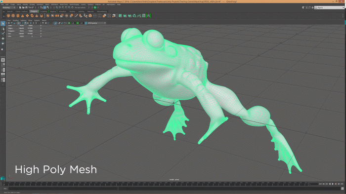 一只青蛙的高模低模在Maya界面中的动态对比。