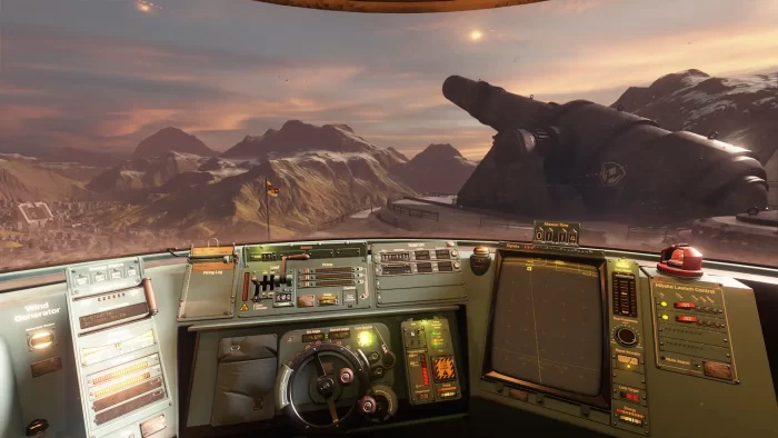 科幻游戏《PVKK：Planetenverteidigungskanonenkommandant》截图，控制室的内部，有各种仪表板、屏幕和按钮，背景是一门大炮和山脉。