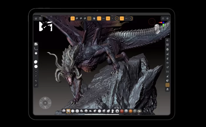 ZBrush For iPad 1的宣传图，展示了iPad上运行的ZBrush软件界面，突出其在移动设备上的使用便捷性和专业功能。