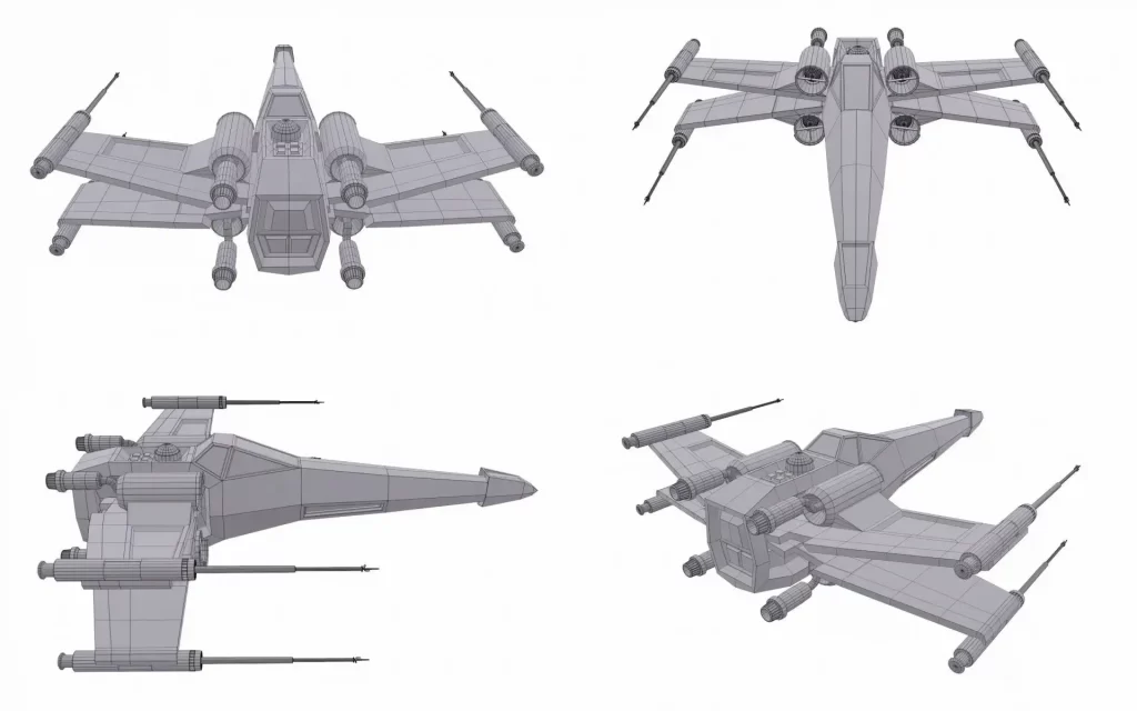 四个角度展示星球大战中X-wing星际战机3D模型白模线框图