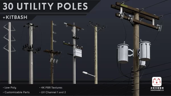 30个低多边形电线杆3D模型